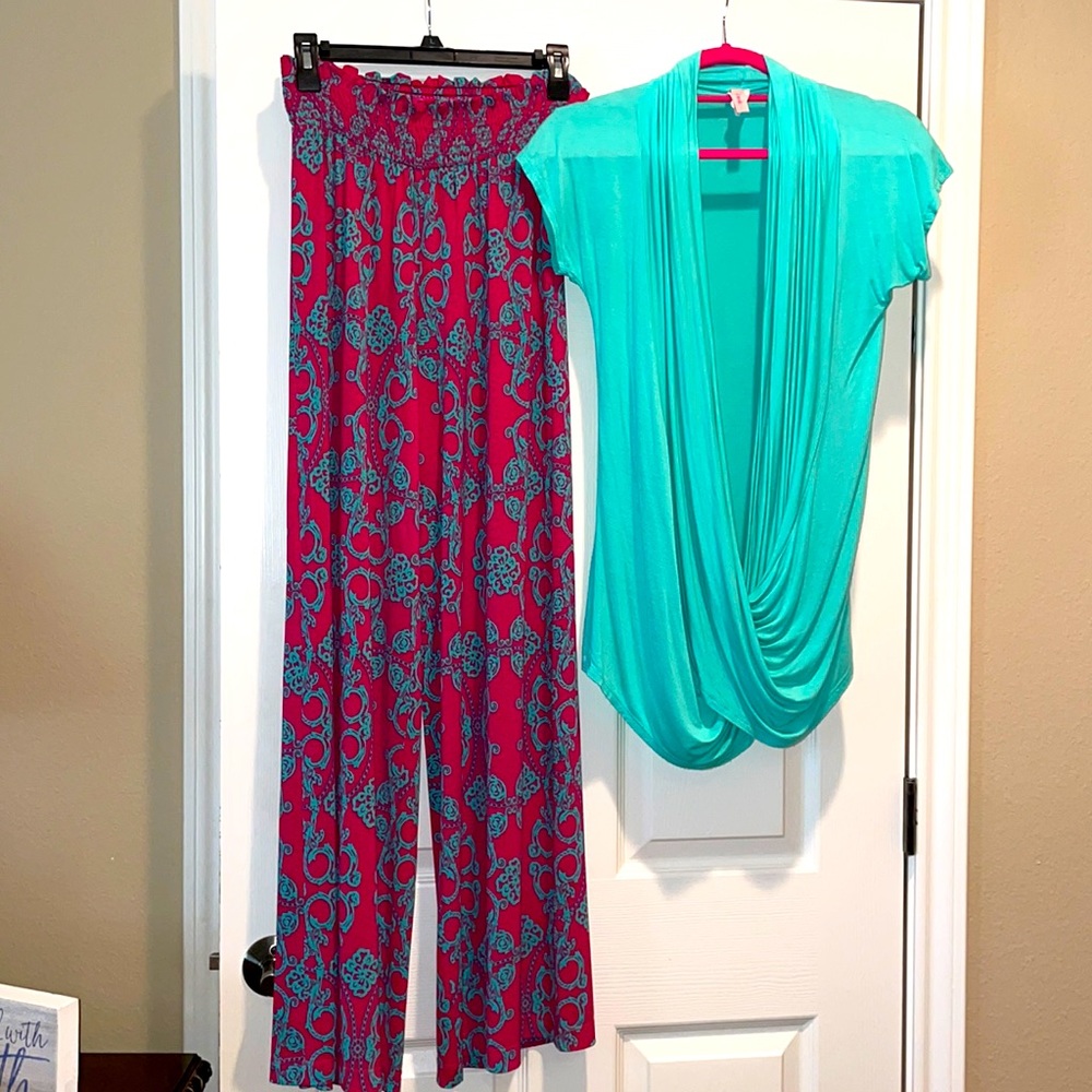 J Mode USA Wide Leg Pants with Turquoise Top sz M